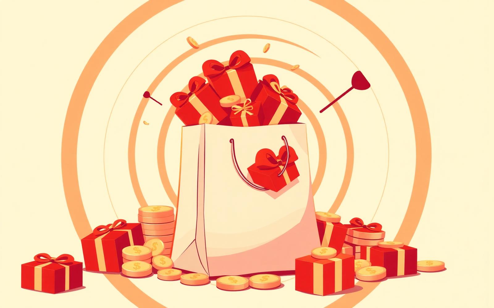 Illustrated Target shopping bag overflowing with gift boxes and gold cashback coins.